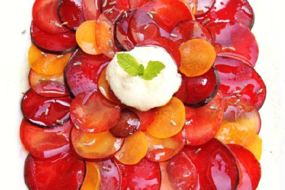 Summer Stone Fruit Carpaccio With Vanilla Bean Syrup and Ginger Cream