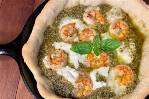 Cast Iron Shrimp Pizza with Pecan Basil Pesto