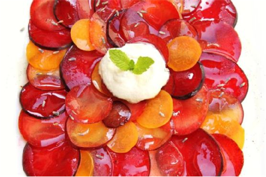 Summer Stone Fruit Carpaccio With Vanilla Bean Syrup and Ginger Cream