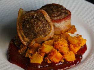 Venison Meatloaf with Blackberry BBQ Sauce and Buffalo Sweet Potato/Pumpkin Hash